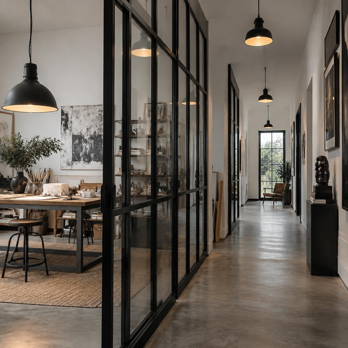 Atelier privé derrière une verrière noire, le long d’un couloir en béton ciré