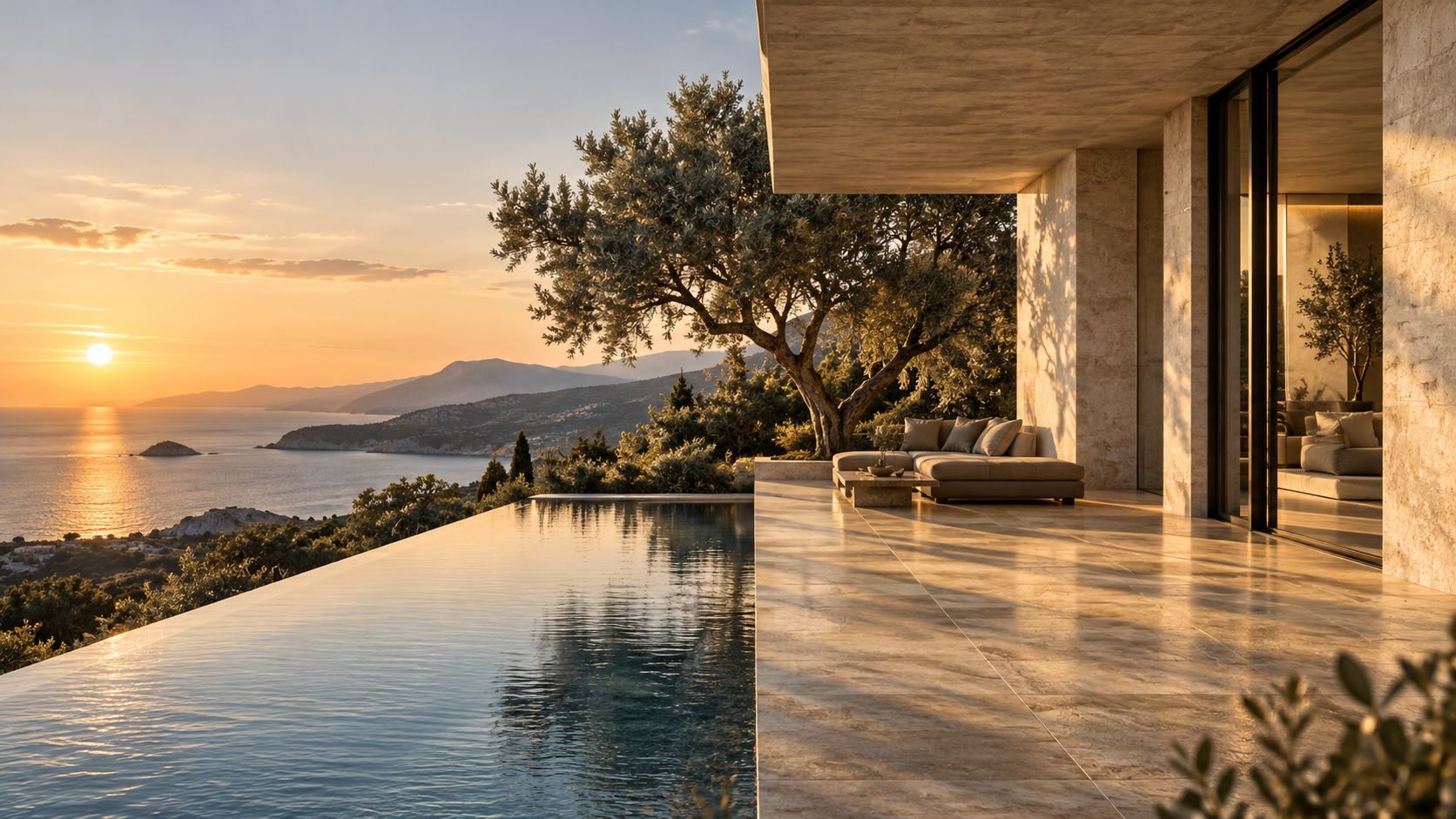Terrasse en pierre et piscine à débordement d’une villa face à la mer, au coucher du soleil