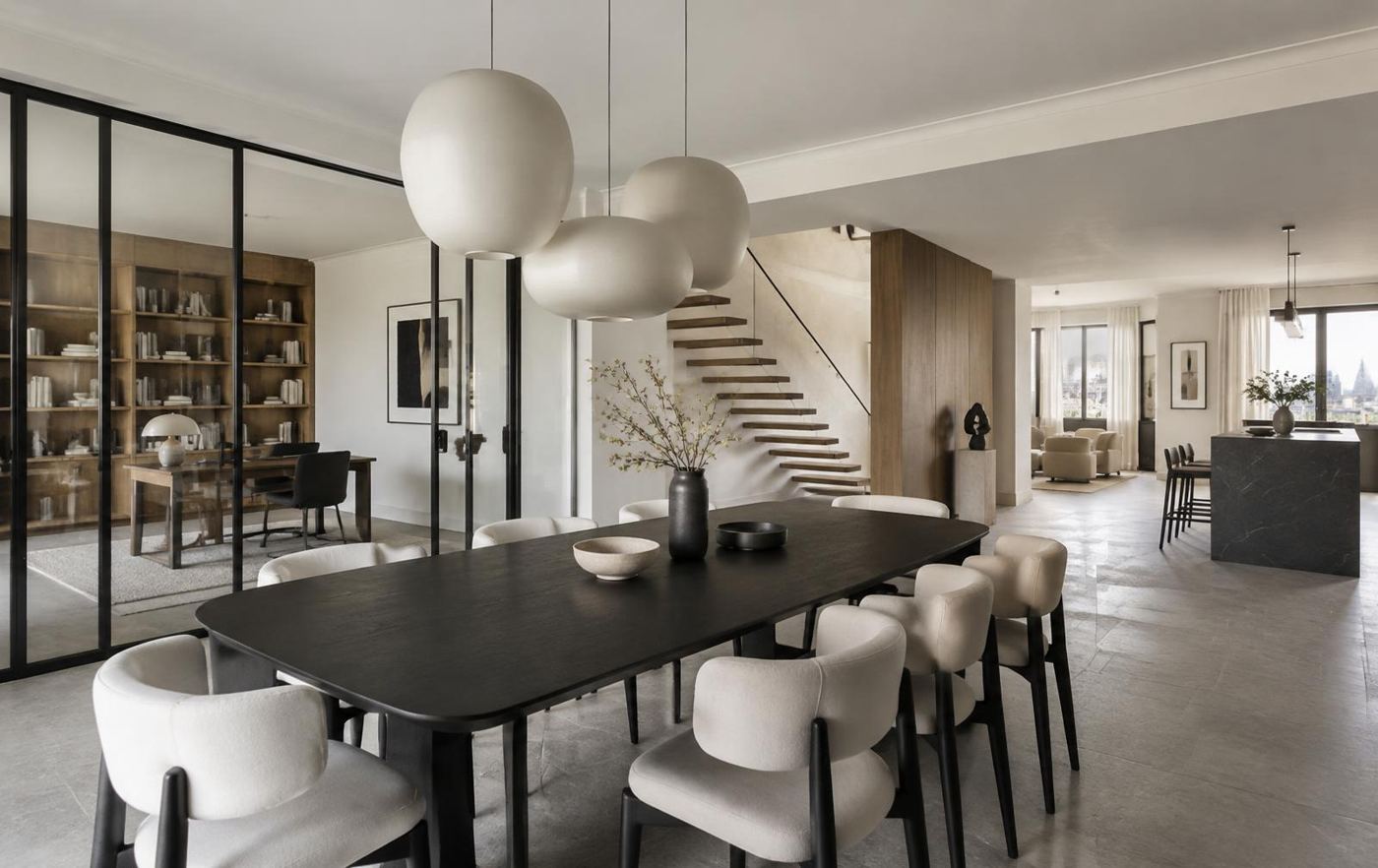 Penthouse avec table à manger noire, bureau derrière une verrière et escalier suspendu