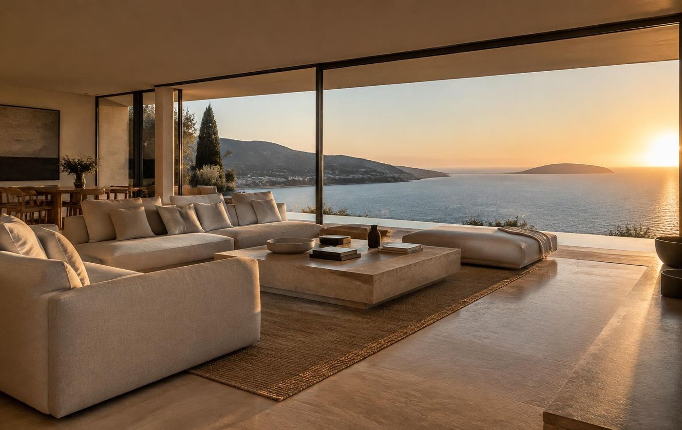 Séjour d’une villa ouvert par de grandes baies vitrées sur la Méditerranée au coucher du soleil
